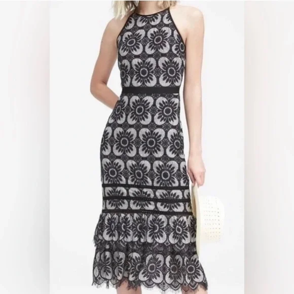 Banana Republic Black and White Floral Midi Dress - Picture 1 of 6